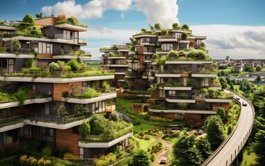 Fototapeta na wymiar modern residential area with green roofs and balconies. generative ai