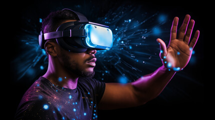 Young African American Man with VR Headset Experiencing Cosmic Virtual Reality with Interactive Light Particles. Gaming, Futuristic Entertainment and VR Education Concept.
