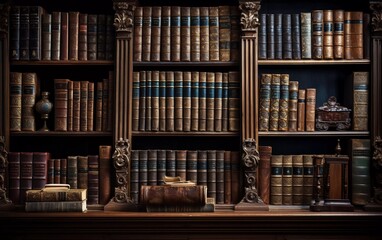 realistic photo of antique book collection on wooden shelves in library. generative ai