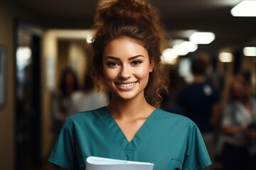 Smiling nurse holding clipboard in hospital.
