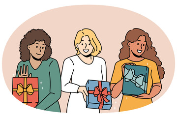 Smiling young women holding wrapped presents celebrate Christmas together. Happy girls with gifts in hands excited with New Year celebration. Vector illustration.