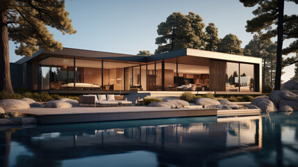 A modern house surrounded by trees and an infinity pool.