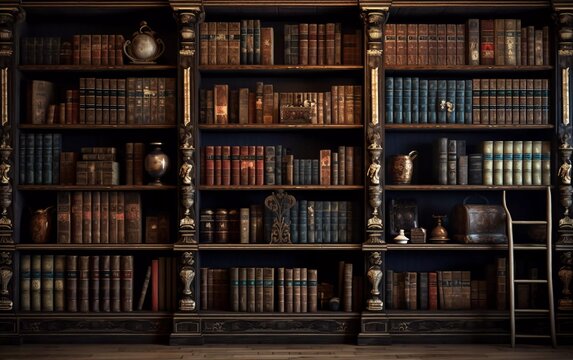 realistic photo of antique book collection on wooden shelves in library. generative ai