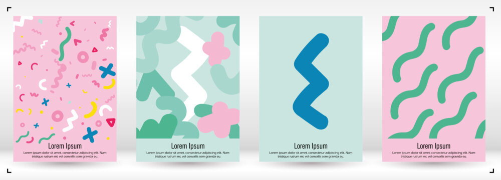 Abstract Minimal Vector Background in Trendy Doodle Style.   Vibrant Graphic Print with Dynamic Lines and Geometric Shapes.  Set of Vivid Poster 80s - 90s Design for Landing Page, Cover, Brochure.