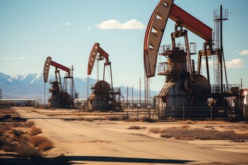Expansive oil field with derricks and drilling rigs.