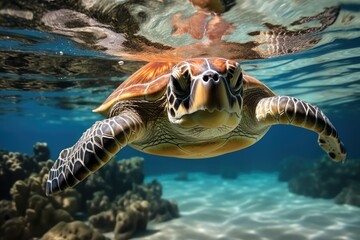 A turtle in the ocean with palm trees, Underwater.