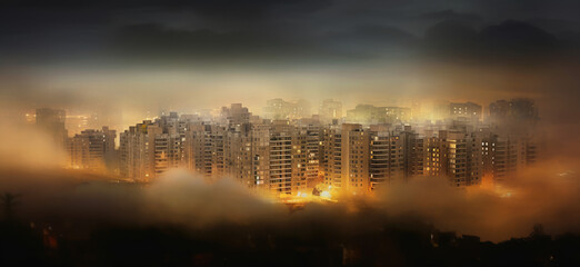 Obraz premium A city surrounded by three residential buildings with a fogfilled sky AI Generated