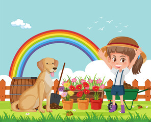 Joyful Girl Planting Flowers with Dog Under Rainbow Sky