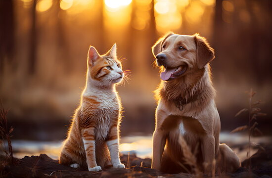 A warm-colored image of a dog and a cat sitting together in the forest. The morning sun shine behind. It gives the feeling of friendship, even they have different origins, they can still be friends.