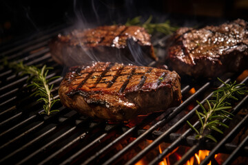 Close-up view of beef steaks on the grill with flames. Selective focus.