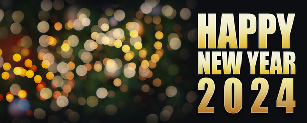 Golden text of Happy New Year 2024 with shiny and beautiful bokeh for festival and celebration of...
