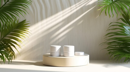 three glossy white round cylinder podium in corrugated side green tropical bamboo palm