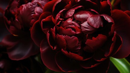 Deep crimson peony in full bloom, the intricate layers of dark petals offering a dramatic contrast to the soft, diffused background of a verdant garden