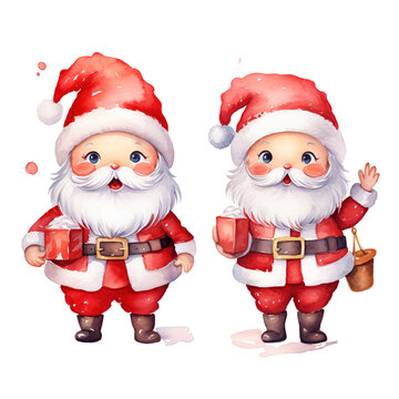 Hand-drawn cute Santa Claus clipart in vibrant watercolor, perfect for Christmas and holiday designs, isolated on a transparent background
