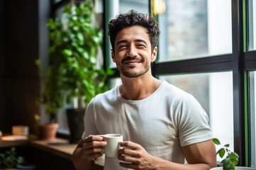 Young hispanic man smiling confident drinking coffee at home.
