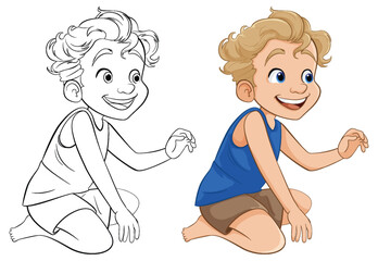 Smiling Cartoon Boy Sitting with Outline for Coloring Pages