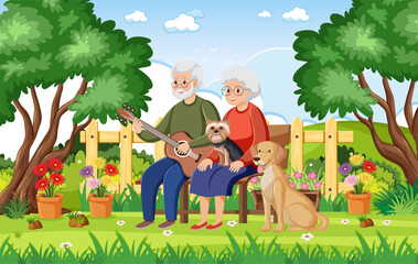 Fototapeta premium Joyful Retired Grandparents Playing Guitar in Garden