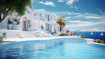 traditional mediterranean white house with pool with blue sky - obrazy, fototapety, plakaty
