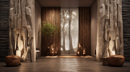 tree trunk columns in rustic interior design of modern house