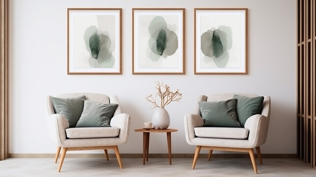 two armchairs in room with white wall and big frame
