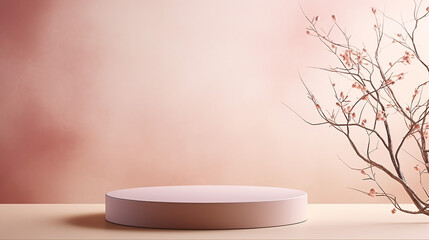 two layer glossy pastel pink cream round podium on white table with copy space for design.