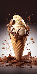 Vanilla and chocolate sauce ice cream cone on dark background with chocolate bits on the ground. Created with Generative AI technology