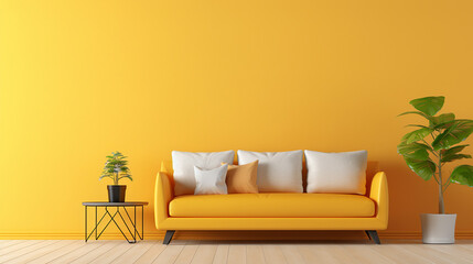 vibrant yellow empty wall with yellow sofa and space for text and copy space