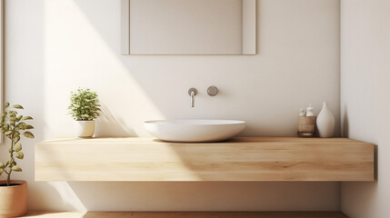 Fototapeta na wymiar wall mounted vanity with white ceramic vessel sink with sunlight