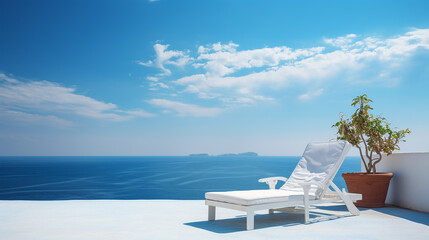 white deck chair on terrace with stunning sea view