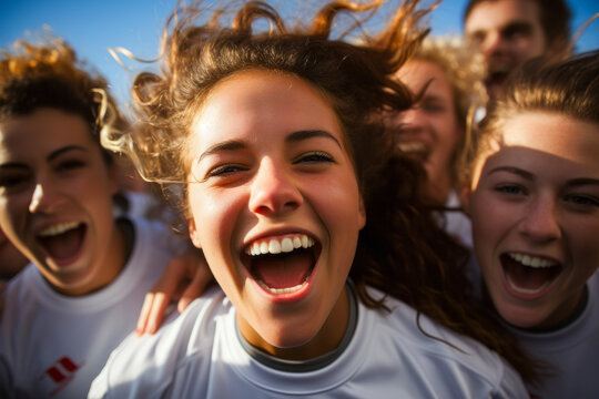 Female athletes celebrating a rugby victory on grass field. - Powered by Adobe