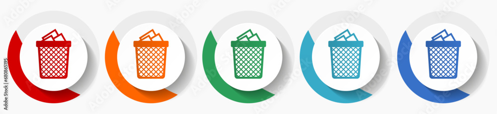 Poster Trash can vector icon set, flat design colorful round icons in 5 color options for webdesign and mobile applications