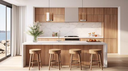 white Scandinavian interior design kitchen with wooden floor and sunlight