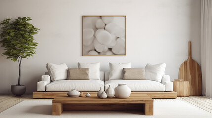 white sofa and wooden coffee table in Scandinavian style with white wall