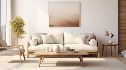 white sofa and wooden coffee table in Scandinavian style