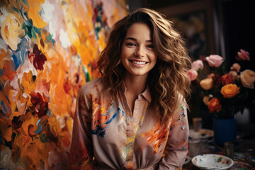 Young artist woman painting on a canvas at art studio with a happy and cool smile on face..
