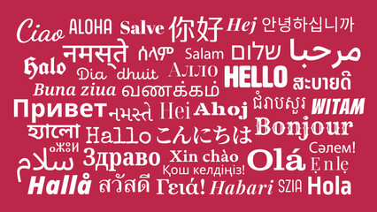 Composition of "Hello" messages in world different written languages, White texts on Magenta background - Powered by Adobe