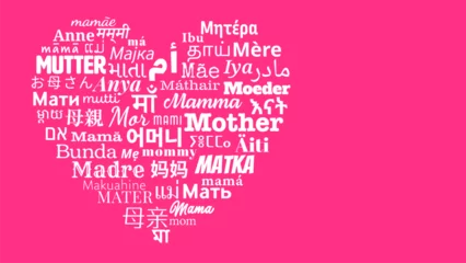 Fotobehang Heart composition of "Mother" messages in world different written languages, White texts on Pink background © Chamnann