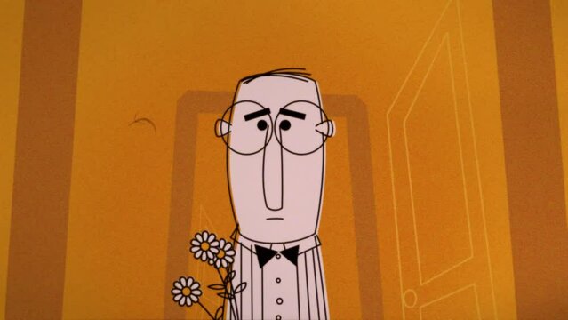 2D animated nerdy cartoon character nervously walks down a abstract hallway with flowers in his hand drawn in a vintage 1950s graphical style. 1920x1080 HD looping video