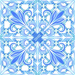 Majolica pattern. Sicilian hand drawn blue ornament. Traditional blue and white ceramic tiles. Portuguese traditional azulejo pattern. Moroccan style..