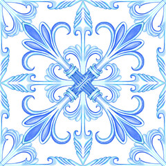 Majolica pattern. Sicilian hand drawn blue ornament. Traditional blue and white ceramic tiles. Portuguese traditional azulejo pattern. Moroccan style..