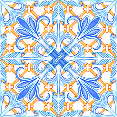 Majolica watercolor seamless pattern. Sicilian hand drawn ornament. Traditional blue and yellow ceramic tiles. Portuguese traditional azulejo pattern. Moroccan style..