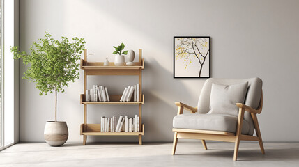 Scandinavian style with wooden shelf unit and gray armchair.
