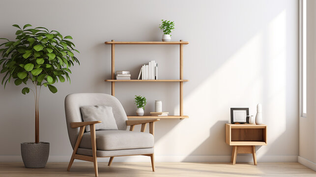 Scandinavian style with wooden shelf unit and gray armchair with sunlight