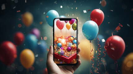 mobile phone with balloons - obrazy, fototapety, plakaty