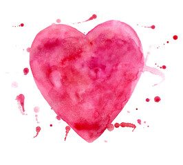 Illustration of a heart isolated on a white background. Different shades of pink, red. Watercolor blur. Chaotic blobs extending beyond the heart shape. Symbol of love, valentine's day, relationship.