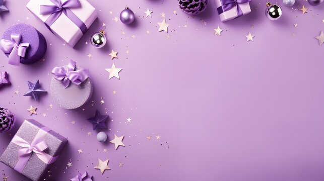 Celebrate joyously with vertical top view of lilac gift boxes, gleaming baubles, vibrant stars, and snowy decor on a purple backdrop. Perfect for advertisements