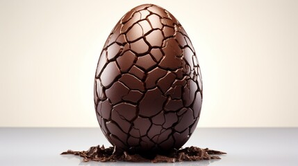A chocolate Easter egg with a crackled texture, resembling a dragon's egg, set against a plain white background