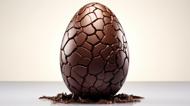 A chocolate Easter egg with a crackled texture, resembling a dragon's egg, set against a plain white background