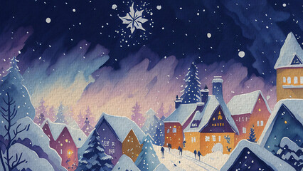 Snowy Village at Night