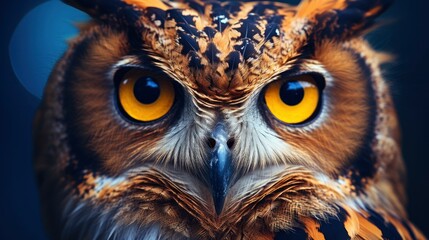 Owl's Piercing Gaze in the Night Dark Blue and Amber Light with Blue Bokeh Background.